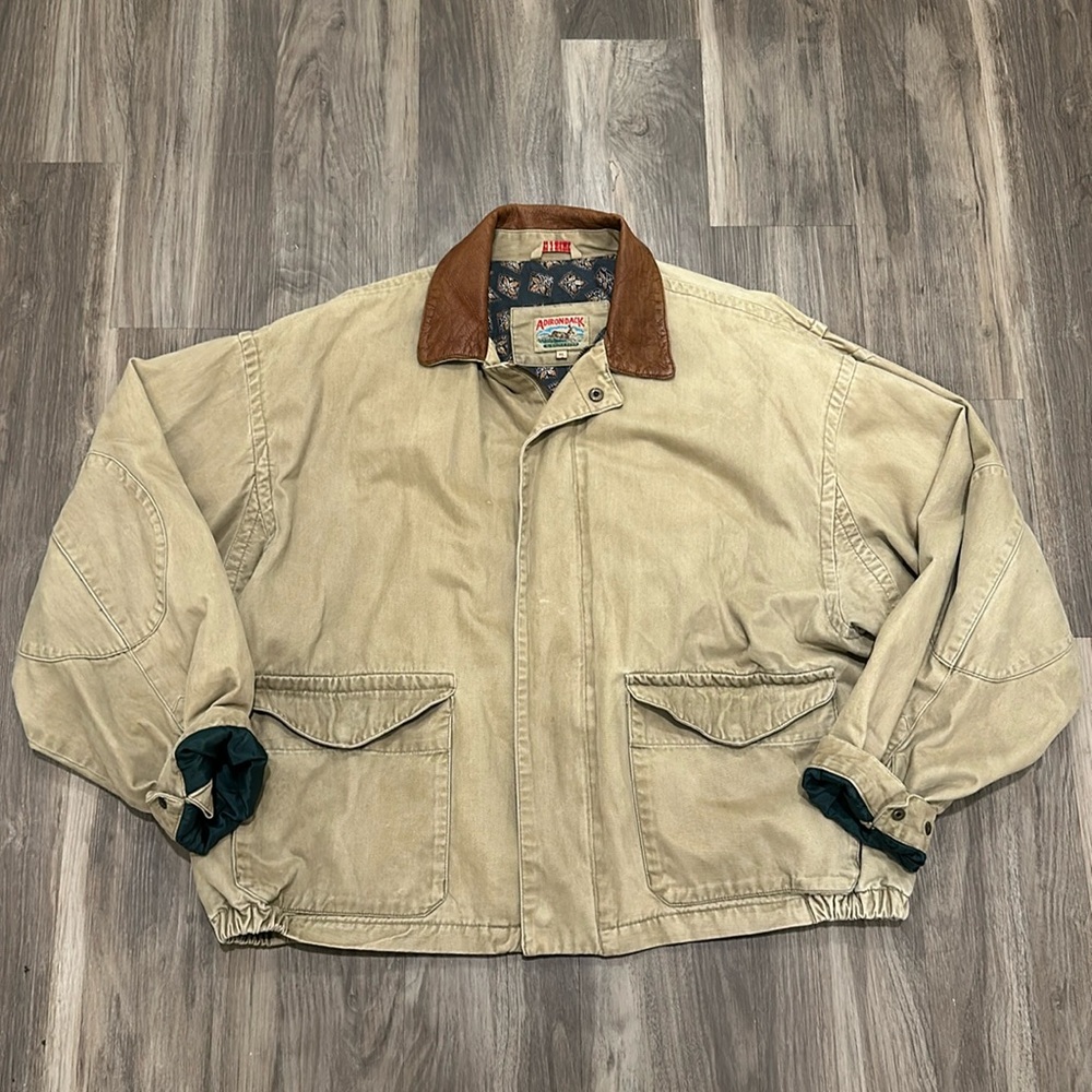 🤎 Vintage Adirondack Tan Cotton Bomber Jacket with Leather Collar